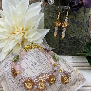 Elegant Double Strand Acrylic and Czech Glass Gold and Pink Floral Jewelry Set